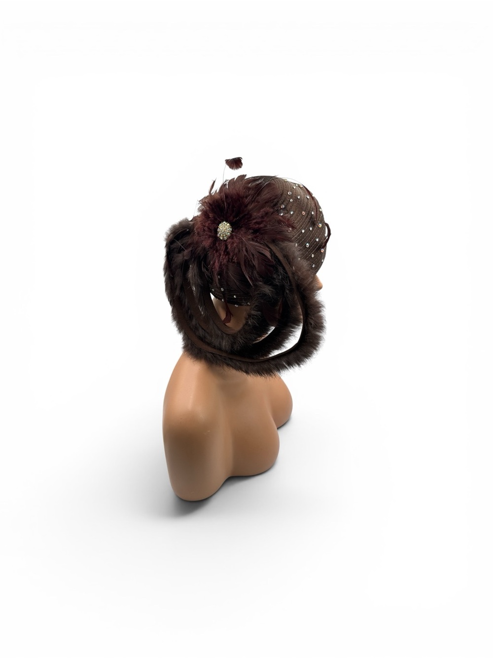 Vintage ML Studio Brown Rhinestone Genuine Fur & Feather Derby Cocktail Hat OS - Picture 2 of 9